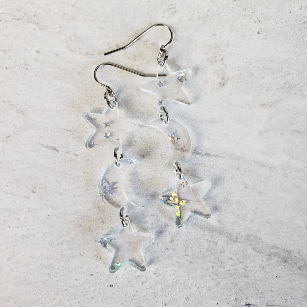 Star and Moon Dangle Earrings, Clear with Holographic Stars, Handmade
